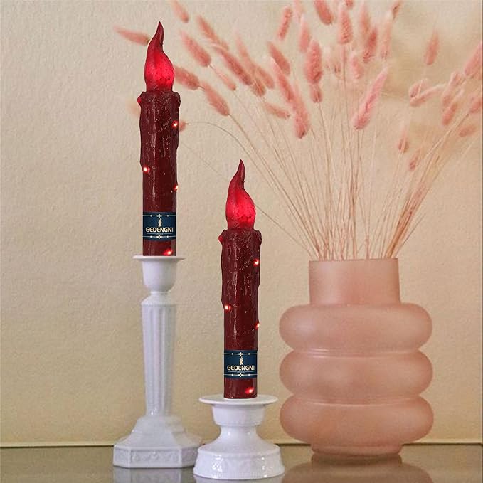 Magical Candlesticks Flameless Taper Candle, 2pcs Red LED Tapered Candles Remote Dipped Candle 6inch Battery Chandelier for Enchanting Weddings and Harry Potter Inspired Vigils(LW4P-RE)