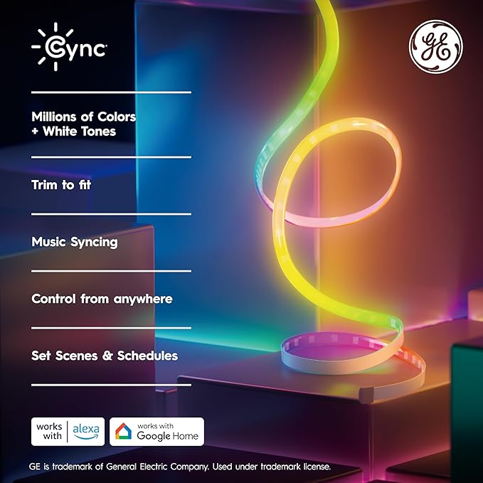 GE Cync Dynamic Effects Smart LED Light Strip with Music Sync, Color Changing WiFi Lights, Indoor Light Strip, Compatible with Alexa and Google Home, 16ft and Power Supply
