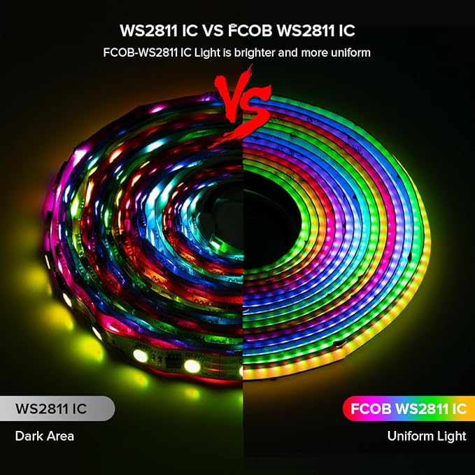 BTF-LIGHTING FCOB WS2811 IC RGB COB LED Strip 9.8FT DC12V 630LED/m Flexible High Density Uniform Chasing Color Light 14IC/m 10mm Width Black PCB for Home Indoor Decor(No Adapter or Controller)