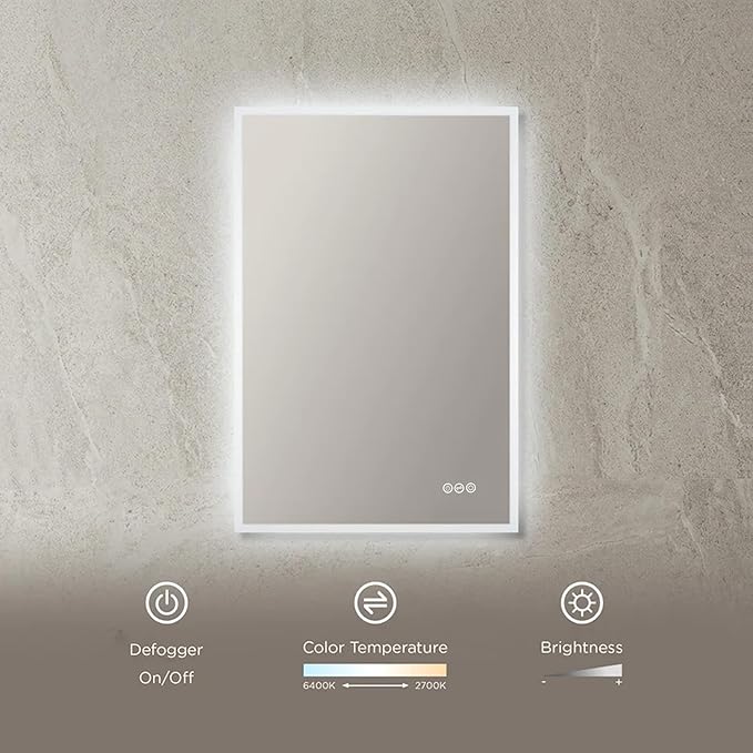 Blossom 24"X36" LED Bathroom Mirror with Lights, Front Lit and Backlight, Stepless Dimmable, Anti-Fog, Shatter-Proof Tempered Glass, Memory, 3 Colors Lighting Bathroom Mirrors for Vanity