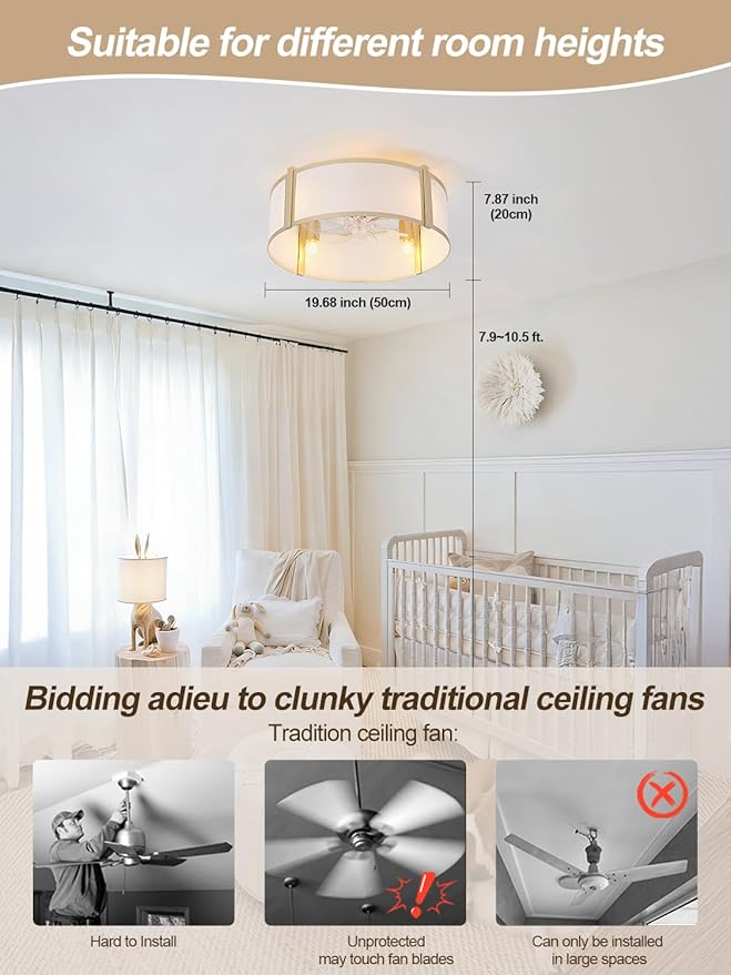 Gold Caged Ceiling Fan with Light, 20" Flush Mount Boho Ceiling Fans with Lights Remote Control, Low Profile Fabric Bladeless with 6 Speeds for Bedroom, Nursery, Living Room