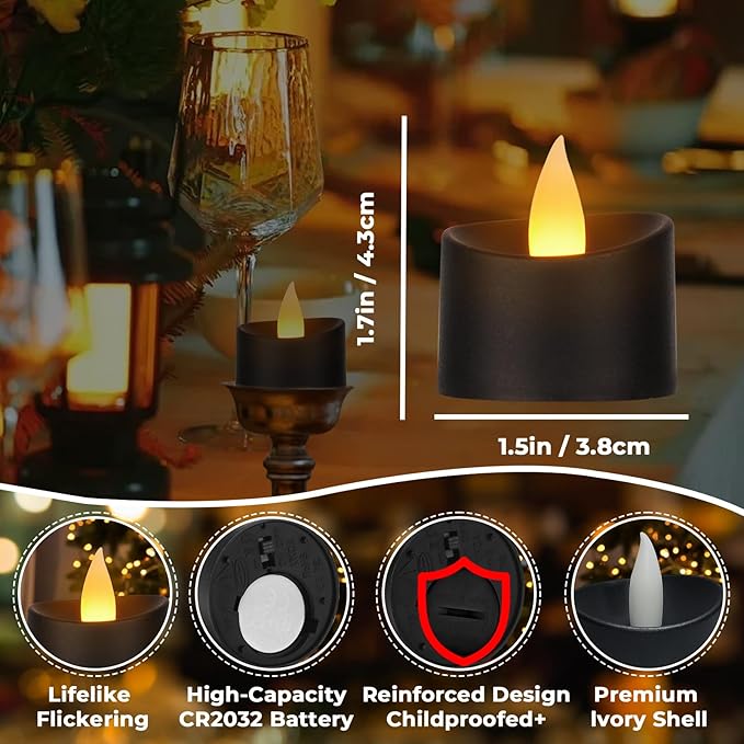 Black Ambience Kit - 24 Pack Premium LED Tea Lights for Modern Home Decor, Memorial Services & Dark Themed Parties (Black Base, 24 Pack)