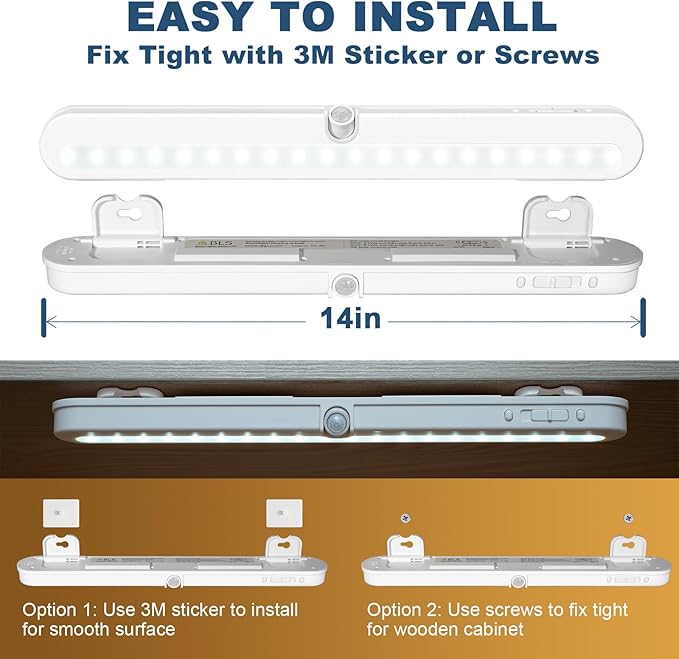 BLS T01L LED Closet Light, Super Bright 20 LED Under Cabinet Lighting Battery Powered/DC Input Wireless Motion Sensing Light, Auto On Off Switch, Motion Sensor & Light Sensor, Light Beam Adjustable