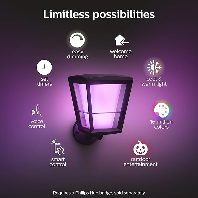 Philips Hue Econic Up Outdoor Smart Wall Light, Black - E26 White and Color Ambiance LED Color-Changing Bulb - 1 Pack - Requires Hue Bridge - Control with Hue App and Voice - Weatherproof