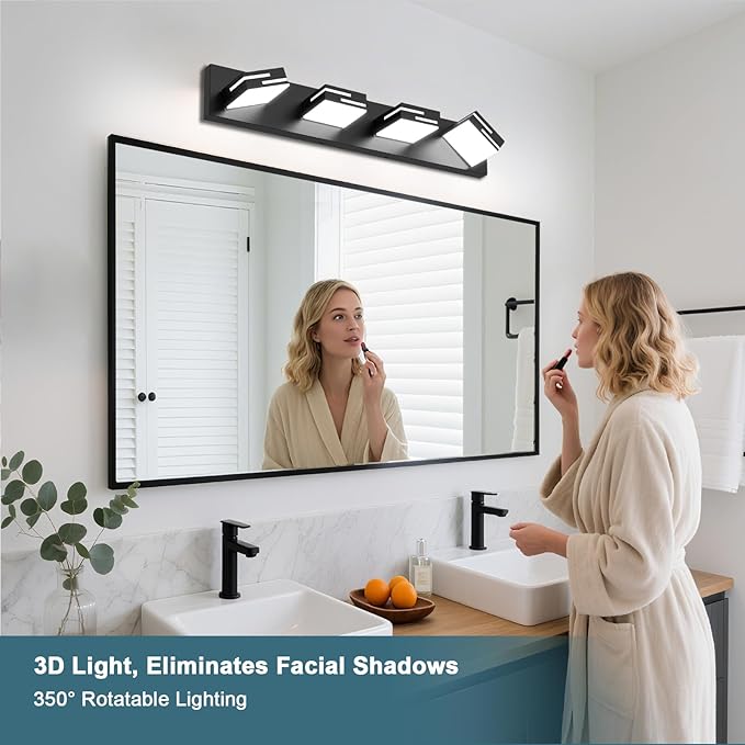 LED Modern Bathroom Vanity Light Fixtures,4-Light 28-inch Dimmable Matte Black Vanity Lights for Bathroom Lighting Fixtures Over Mirror, with 350° Rotatable Acrylic Heads (Cool White 6000K)