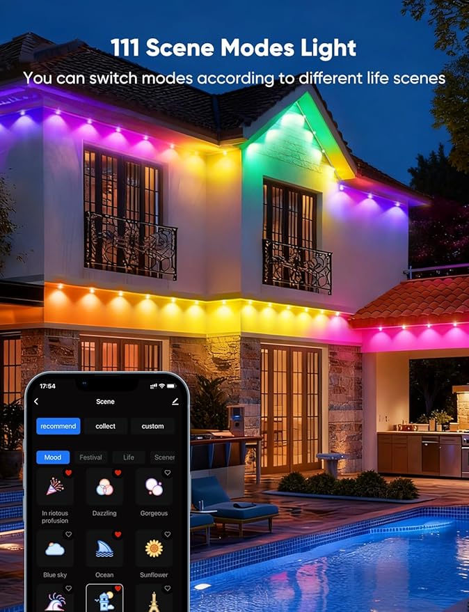 APPECK Permanent Outdoor Lights 300ft with 216 LED Lights, 108W Smart RGBW Eaves Lights, DC 36V, 40LM, IP67 Waterproof String Lights for Halloween Christmas Decor, Compatible with Alexa, Black
