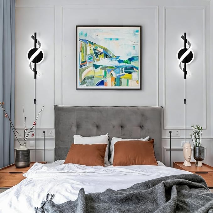 Plug in Wall Sconces Sets of 2, 12W LED Wall Mount Lights, Modern Spiral Wall Lamp, 6000K Cold Modern Light Fixture for Stairs, Living Room, Bedroom, Aisle, Hallway