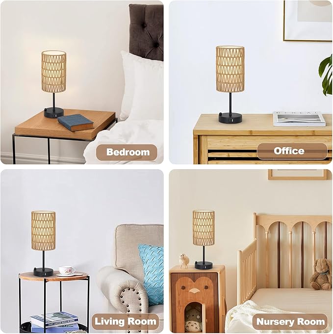 Touch Table Lamp For Bedroom with Bulb, Boho Small Desk Lamp For Living Room With Rattan & Linen Shade, 3 Way Dimmable Bedside Table Lamp For Nightstand With USB Charging Port & Phone Stand For Office