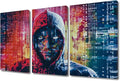TUMOVO 3 Panel Modern Wall Art Hacker in Mask on Dark Background with Digital Effects Pictures Print on Canvas Wall Art for Home Office Wall Decorations Ready to Hang, 36" Wx24