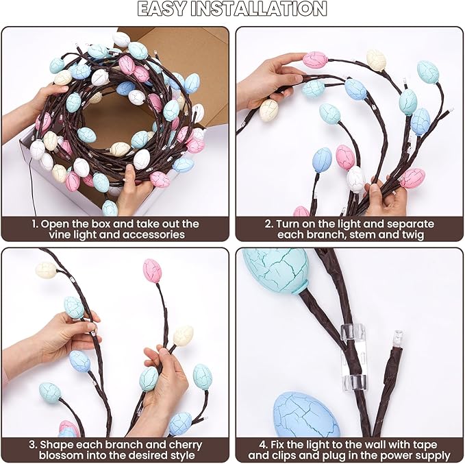 Easter Egg LED Tree Branch Lights for Wall,Easter Egg Willow Vine Twig Decor,USB Interface,with 48 LED Lights and Remote,8 Lighting Modes,for Home,Walls,Doors Windows (47inch)
