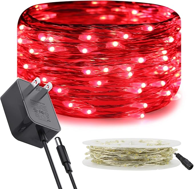 RUICHEN Silver Wire Fairy Lights Plug in 33 Ft 100 LED String with Spool, Red