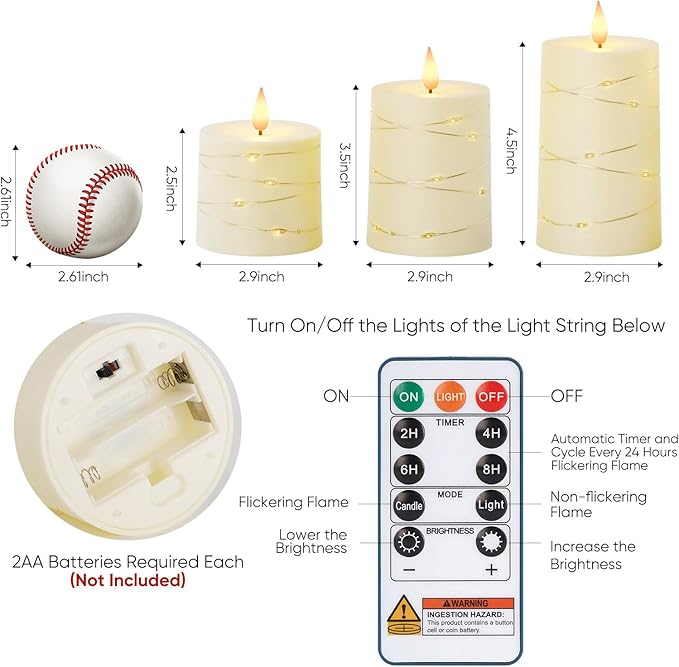 Raycare Flameless Candles with Remote Timer, Flickering Battery Operated LED Pillar Fake Candle with String Lights for Home Decor, Christmas, Wedding and Gift, Ivory, Set of 3
