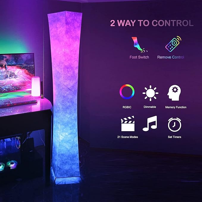 LEONC Floor Lamp with Remote, Tuya Smart 9w×2 Bulbs Included, 61" Smart Modern Floor Lamp with Alexa, Music Sync and 16 Million DIY Colors, RGB Color Changing Standing Lamp for Bedroom Living Room