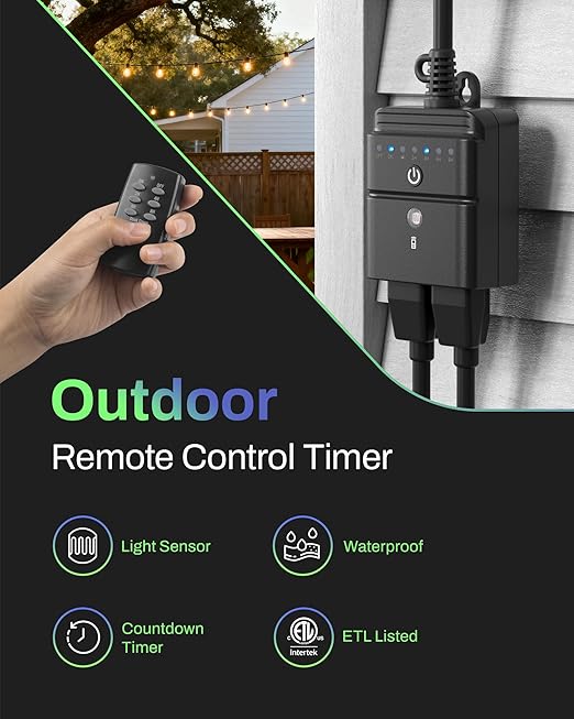BN-LINK Outdoor Timer with Remote Control, Dusk to Dawn Light Sensor, Waterproof Plug-in Timer Outlet, 2 Grounded Outlets, 100ft Range, Perfect for Christmas & Halloween Lights, 15A 1/2HP ETL,2pack