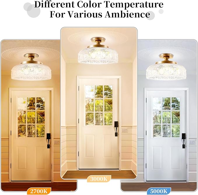 Lamomo Semi Flush Mount Ceiling Light, Upgraded Larger 12 Inch Golden Hallway Light Fixture, 3 Light Globe Glass Close to Ceiling Scone,Indoor Hanging Light for Bedroom Kitchen Porch Hallway