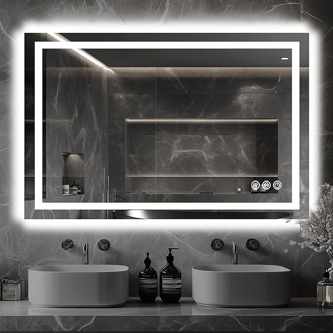 LED Bathroom Mirror, 48"x32" with Frontlit and Backlit Anti-Fog Mirror with Lights LED Vanity Mirror for Bathroom 3 Colors Temperature & Dimmable Bathroom Mirror with HD Tempered Glass