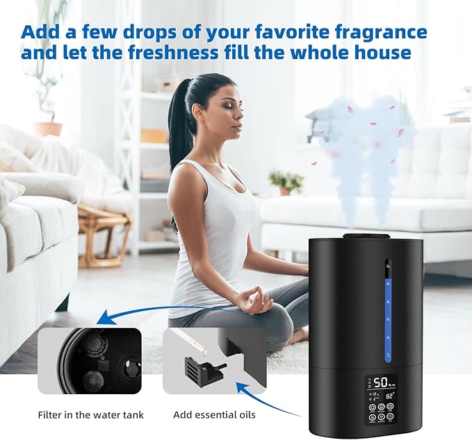 6L Humidifiers for Bedroom Large Room Home, Cool and Warm Humidifier for Plants Mist Top Fill Desk Humidifiers Essential Oil Diffuser, Quiet Humidifier with Adjustable Mist,360°Nozzle-Midnight Black