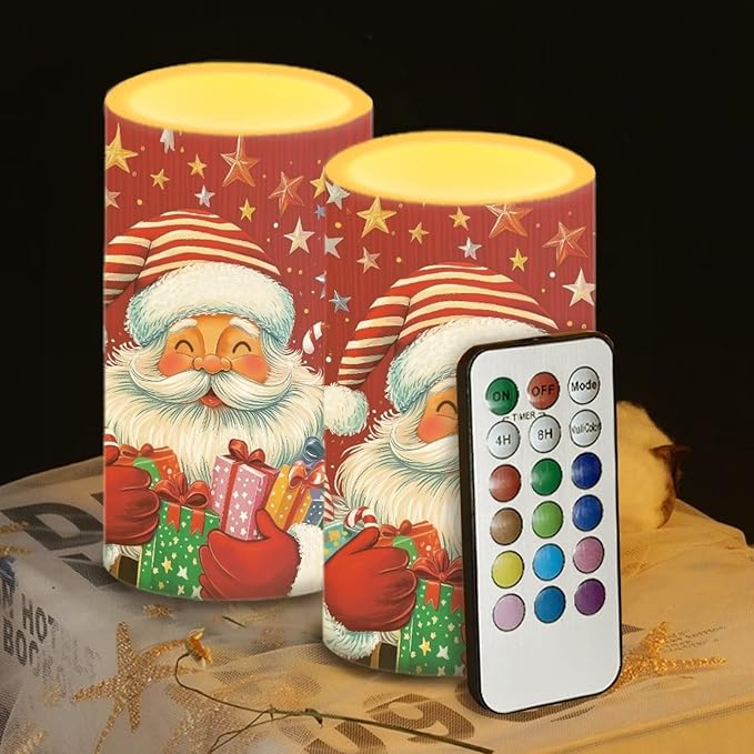 Red LED Candles with Remote Flickering Flameless Candles Santa Claus Stars Battery Operated Fake Pillar Candles Christmas Decorations for Bedroom Living Room Dining Room Table Decor