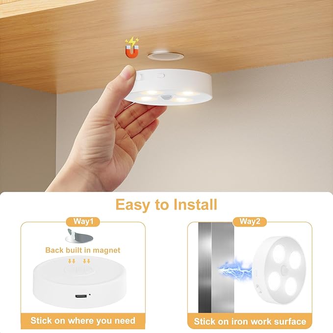 Under Cabinet Lighting, 1500mAh Rechargeable Motion Sensor Puck Lights with Remote, 3 Color Temper, Magnetic Stick on Light, Dimmable Under Counter Lights for Kitchen, Shelf, Closet, Stair, 6Pack