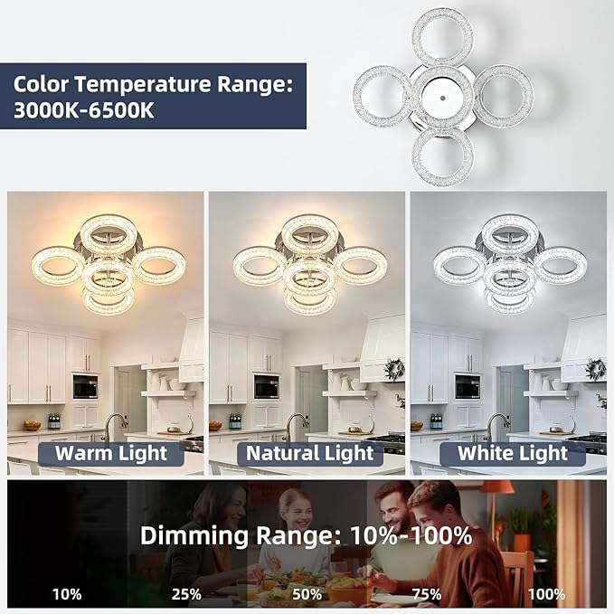 OKELI Modern Ceiling Light, 5 Rings 16.9'' Dimmable LED 49W Flush Mount Ceiling Lights with Remote Acrylic Crystal Round Ceiling Light Fixture, Bedroom Living Room Dining Room, Chrome