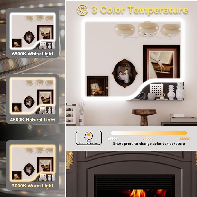 40"x 32" LED Bathroom Mirror with Shelf, Wall-Mounted Backlit Vanity Mirror with Lights, Smart Bathroom Mirror with 3 Colors, Anti-Fog, Stepless Dimmable, Memory (ETL)