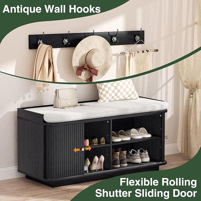 Hall Tree with Bench and Shoe Storage, Entryway Bench with Sliding Door Cabinet, Removable Padded, Metal Wall Hooks and Adjustable Storage Compartments, for Entry, Hallway, Living Room, Black