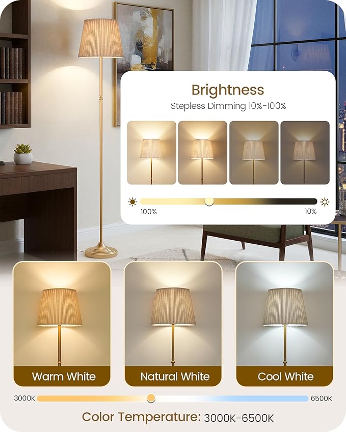 Dimmable Floor Lamp for Living Room, 68" Tall Standing Lamp, Reading Light with Remote & Foot Pedal, 10W LED Bulb (3000K-6500K) Included, FCC Listed, Reinforced Base, Gold and Beige DE12LD05