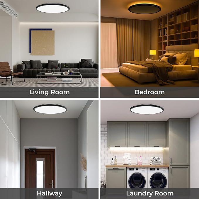 Matane 15.4in LED Flush Mount Ceiling Light Fixture with Remote, 2000K Warm Nightlight, Dimmable 3000K-6500K Low Profile Ceiling Lights for Bedroom, Living Room, 3600LM Black
