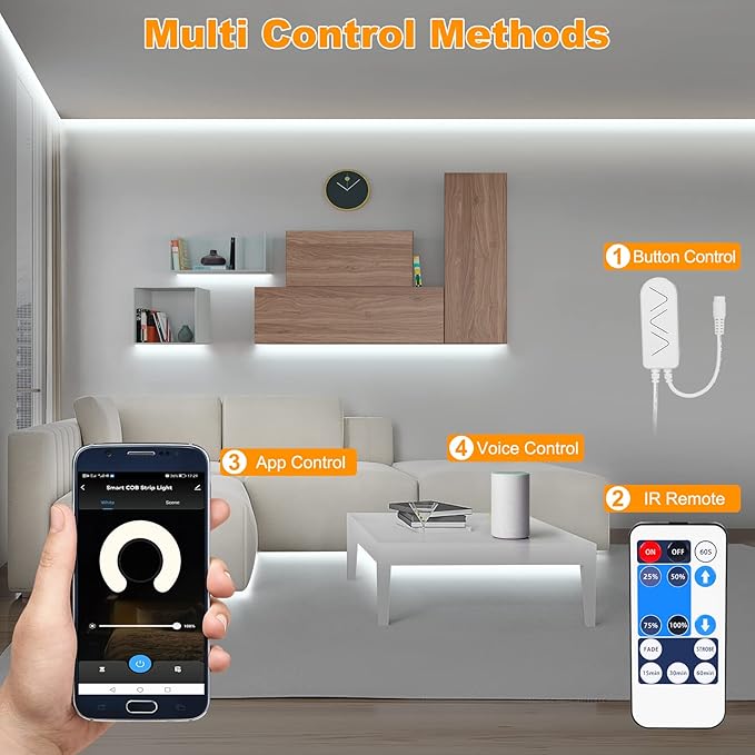 16.4ft 6500K WiFi COB Led Strip Light with App and Remote, Compatible with Alexa and Google, Dimmable Cool White Indoor COB Led Lights for Stair, Kitchen, Cabinet