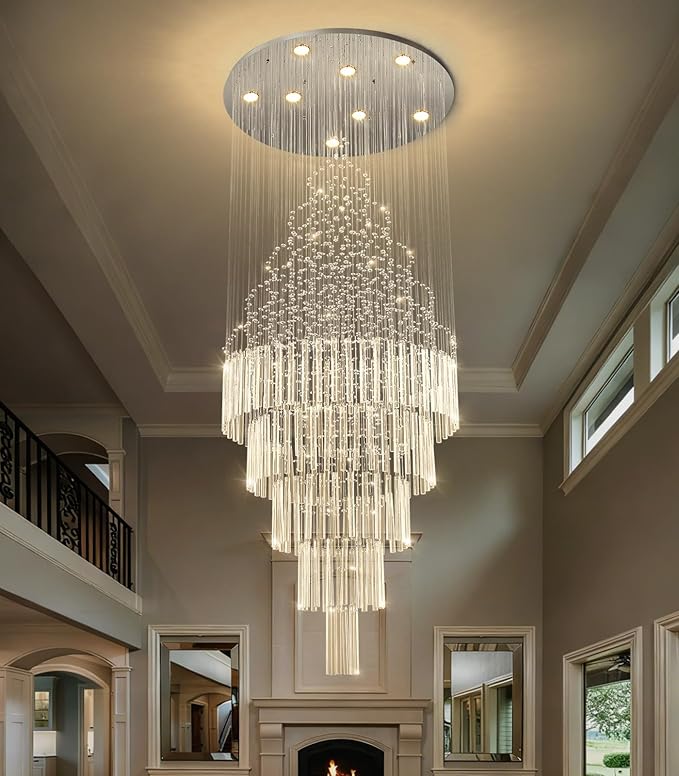 W24 x H78 Crystal Glam Chandelier Long Light Chandeliers with Dimmable Light Bulbs High Ceiling Light Fixtures for Foyer Entryway Living Room Stair Silver