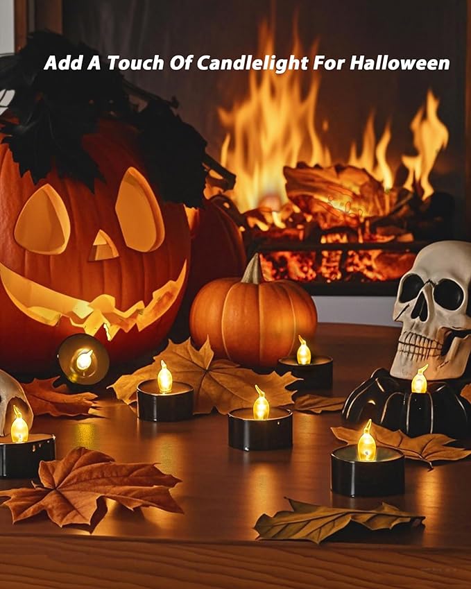 Amagic 30 Pcs Black Flickering Flameless Tea Lights Battery Operated, LED Holiday Fake Candles, 200+ Hours Long Lasting Colored Candle for Halloween, Pumpkin, Ofrenda, Christmas, Party, Home Decor
