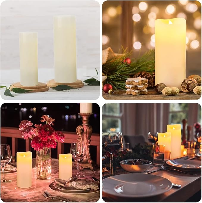 Hanzim Flameless Flickering Battery Operated Candles D2.2''*H4 5" 6" 7" 8" 9" Set of 9 Ivory Real Wax Pillar LED Candles with 10-Key Remote and Cycling 24 Hours Timer (Ivory)