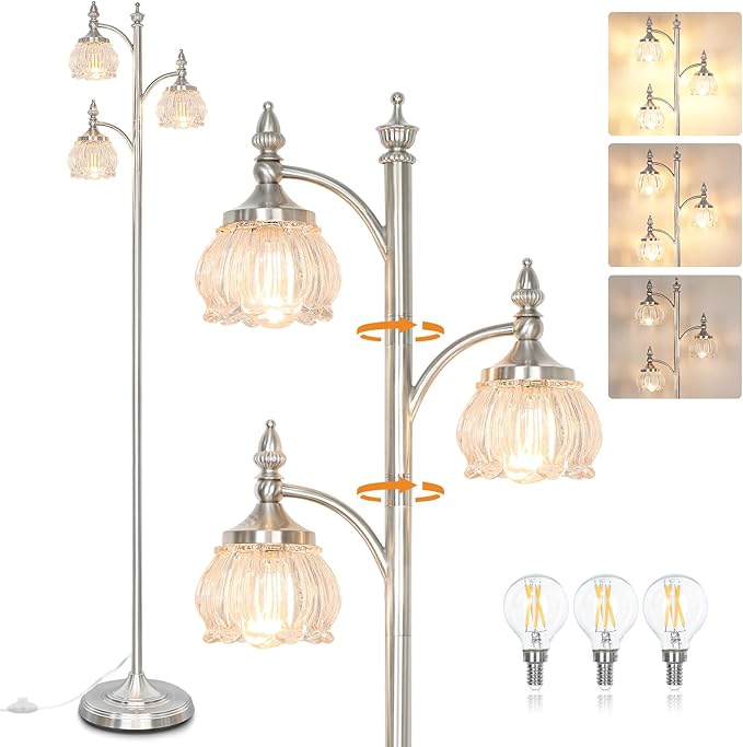 Brushed Nickel Floor Lamps for Living Room Silver Flower Standing Lamp with 3 Brightness Lights Glass Shades 66.5in Lamp for Bedroom Office(3LED Bulbs Included)
