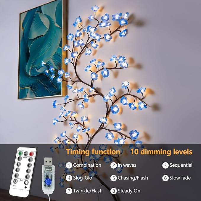 Cherry Enchanted Willow Vine Lights, 4FT 48LED Blue Cherry Blossom Tree Branch Lights for Wall with USB Battery Box,Remote Timer,8 Light Model, Indoor Bedroom Wall Doors Wedding, Christmas