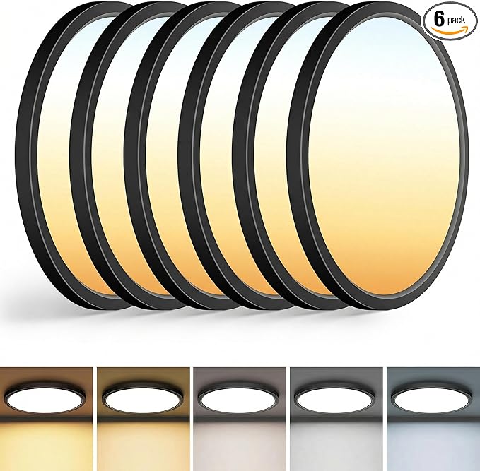 zemty 6Pack 13 inch Black LED Flush Mount Ceiling Lights, Dimmable 5 Color Temp (3000K-6500K), 24W 2400LM Bright Round Light Fixture for Kitchen Bathroom Bedroom Office