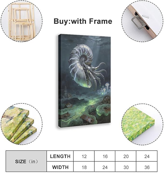 Framed Steampunk Mechanical Nautilus Wall Art - Underwater Industrial Poster for Man Cave Studio Decor 20x30inch(50x75cm)