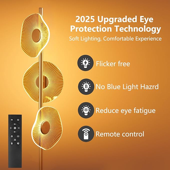 LED Dimmable Floor Lamp with Remote & Foot Switch, 2700–6000K Adjustable Color Temperature & Stepless Dimming, Sculptural Leaf-Disc Tall Standing Lamp, Brass Gold Corner Lamp for Living Room Bedroom