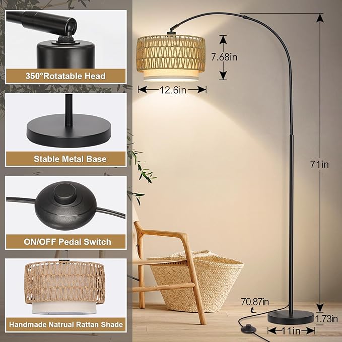 Rattan Floor Lamp, Arc Floor Lamps for Living Room, Farmhouse Standing Lamp with Adjustable Hanging Fabric Shade, Tall Pole Lamp with Foot Switch, Over Couch Arched Reading Light for Bedroom, Office