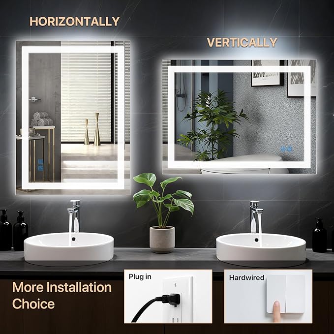 36x28 Bathroom Mirror with Light, Anti-Fog Wall Mount Vanity Mirror Dimmable & 3 Color Temperatures, Smart Memory Large Mirrors for Over Sink, UL Listed, Plug in or Hardwire Installation