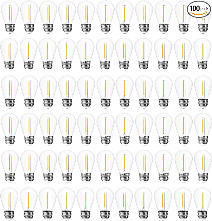 Jslinter 100 Pack Edison Bulb String Lights Outdoor, S14 Replacement Bulbs for Outdoor String Lights Waterproof 1W, E26 Base Led Light Bulb, 2700K Warm White Light Bulbs for Patio