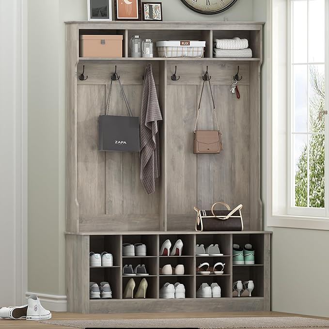 Hall Tree with Bench and Shoe Storage, 53" Farmhouse 4-in-1 Mudroom Storage Organizer with Coat Rack, 6 Hooks, 12 Shoe Cubbies, Adjustable Shelf, for Entryway, Hallway, Living Room, Grey