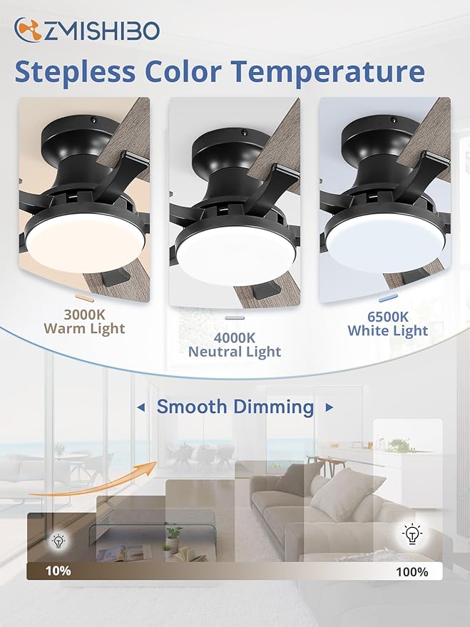ZMISHIBO 42 Inch Ceiling Fan with Light, App&Remote Control, Flush Mount Low Profile, Dimmable 20W LED Light, Quiet Reversible Motor for Bedroom, Living Room, Apartment, Black