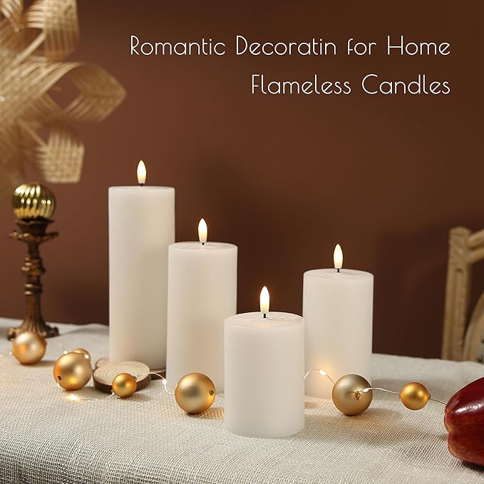 Flameless Candles, 4 Pack Battery Operated Candles with Remote, Real Wax LED Fake Candles with Timer Flickering for Christmas Wedding Home Party D3 H 5" 6" 7" 9" White