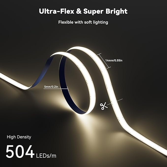 PAUTIX 5mm COB LED Strip Light 16.4ft/5m 4000K Natural White 504 LEDs/m,5000lm CRI90+ Super Bright DC24V Flexible LED Tape for Cabinet Home DIY Lighting Projects(Power Supply Not Included)