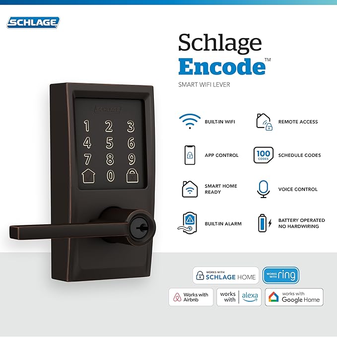 Schlage Encode Smart Wi-Fi Lock with Lever Handle, Touchscreen Keypad, Keyless Entry Door Lock, App Control, Alexa, Google Home and Airbnb Compatible, Aged Bronze, FE789WB CEN 716 LAT
