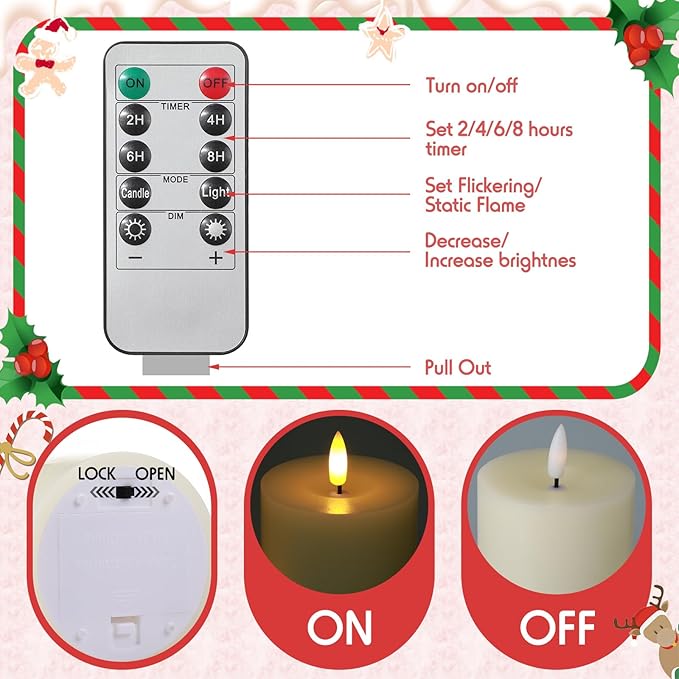 Retisee 3 Pcs Ivory Large Flameless LED Electric Candles with Remote Battery Operated 3D Pillar Flickering Candles for Home Table Porch Outside Indoor Party Wedding Light Decor(4''/6''/10'' x 3'')