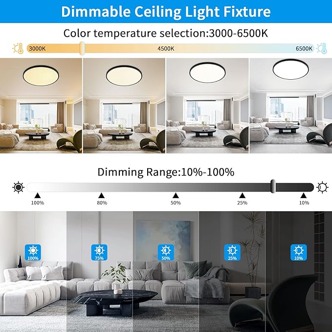 24 Inch Large LED Flush Mount Ceiling Light Fixtures - 56W Dimmable Kitchen Ceiling Light with Remote, 5600lm, 3000K/4500K/6000K Adjustable LED Ceiling Lamp for Bedroom, Black