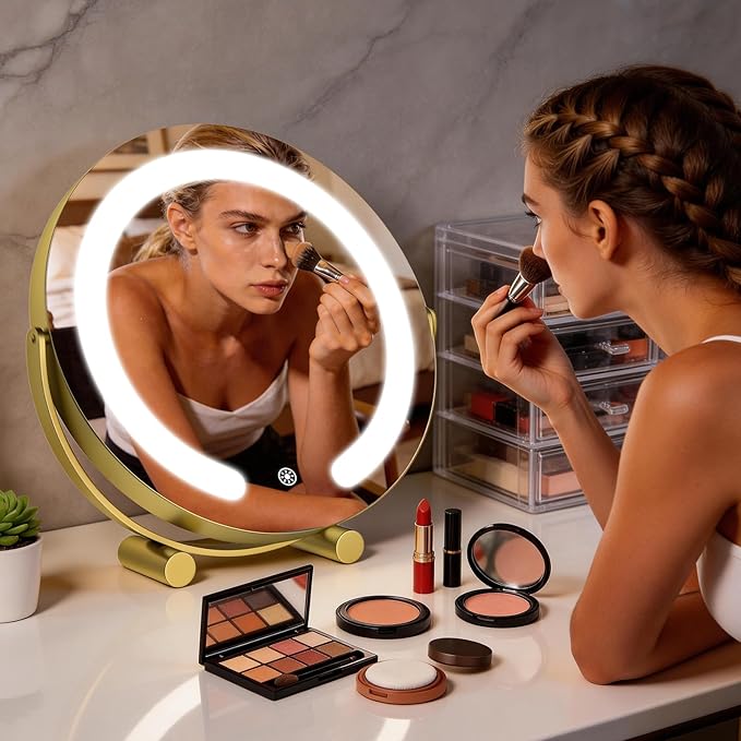 Vanity Mirror with Lights, 12" LED Makeup Mirror, HD Professional Mirror, Smart Touch with 3-Color Lighting, Dimmable, 360° Rotation, Lighted Up for Makeup Desk, Bedroom (Gold)