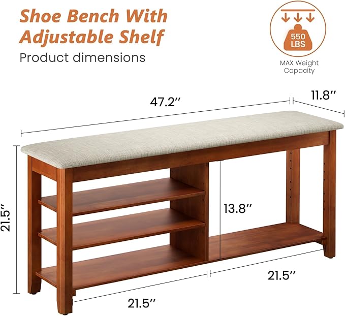Shoe Bench with Flip-Top Storage, Solid Wood Entryway Bench with Cushion, Adjustable Shelf, Shoe Rack Front Door Entrance Organizer for Hallway, Living Room, Mudroom (Beige, 47.2" L)