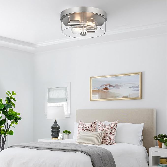 Flush Mount Ceiling Light Fixtures, 2-Light 12 Inch Brushed Nickel Close to Ceiling Light Fixtures with Clear Glass Shade Ceiling Light Fixture for Porch, Hallway, Bathroom, Dining Room and